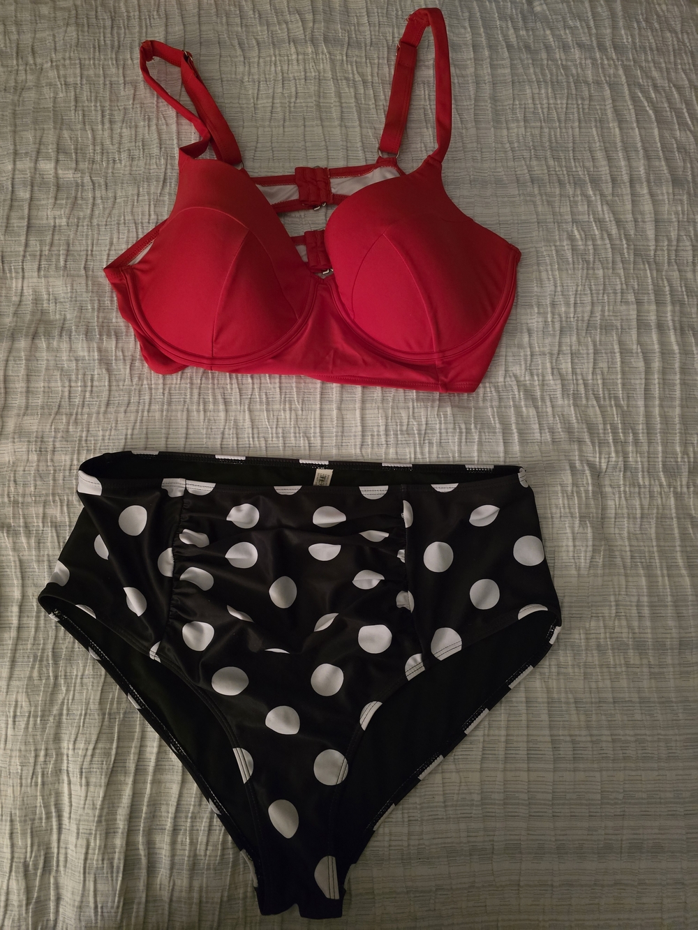 Women’s Red Underwire Bikini Top with Black Polka Dot High-Waist Bottoms